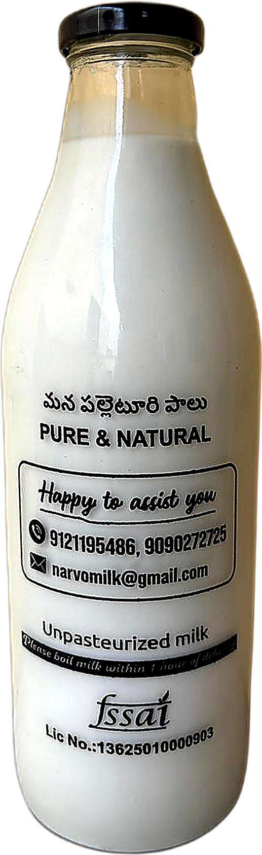 NarvoMilk glass bottle — back label with FSSAI licence & contact details